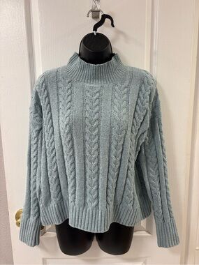 Hippie Rose Cable Knit Mock Neck Chenille Pale Mint Sweater M